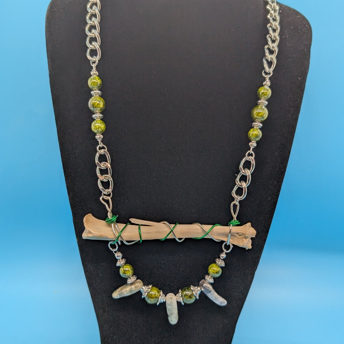 Labradorite Moss Rabbit Bone Necklace