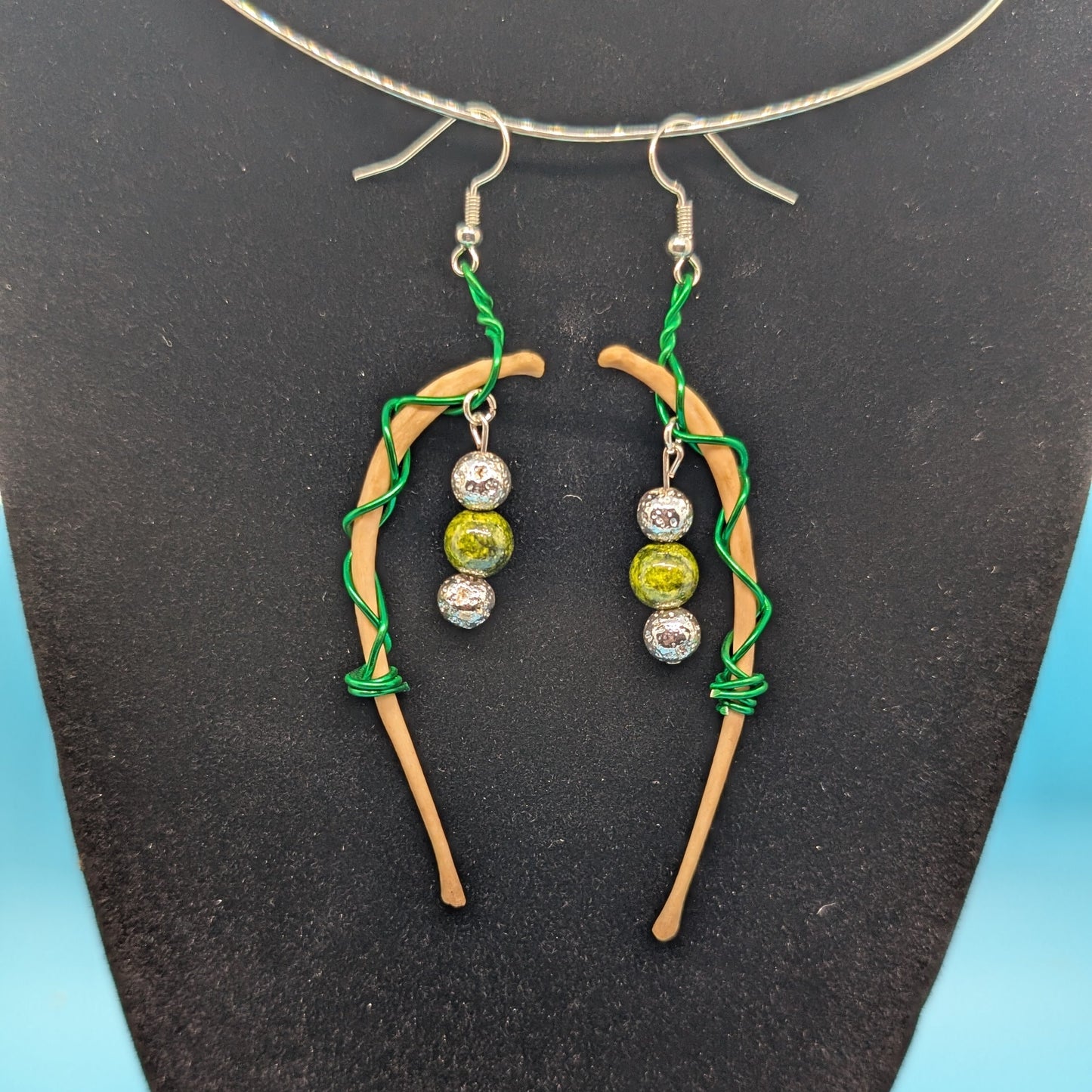Green & Silver Cat Bone Earrings